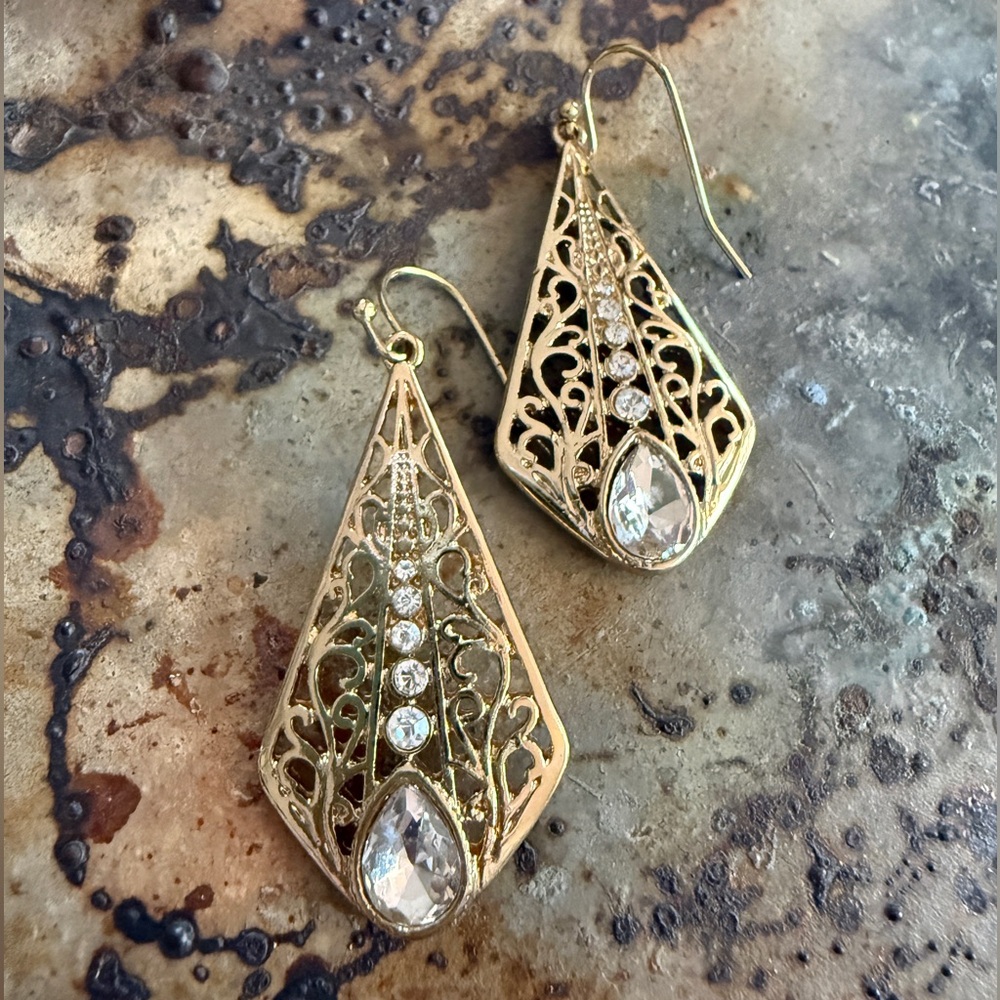 Gold Filigree Teardrop Earrings with Crystals